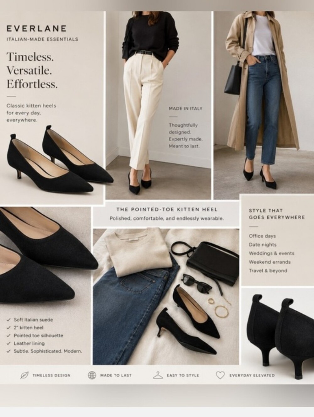 Everlane Kitten Heels Pointed Toe Black Suede 2" - Picture 2 of 10